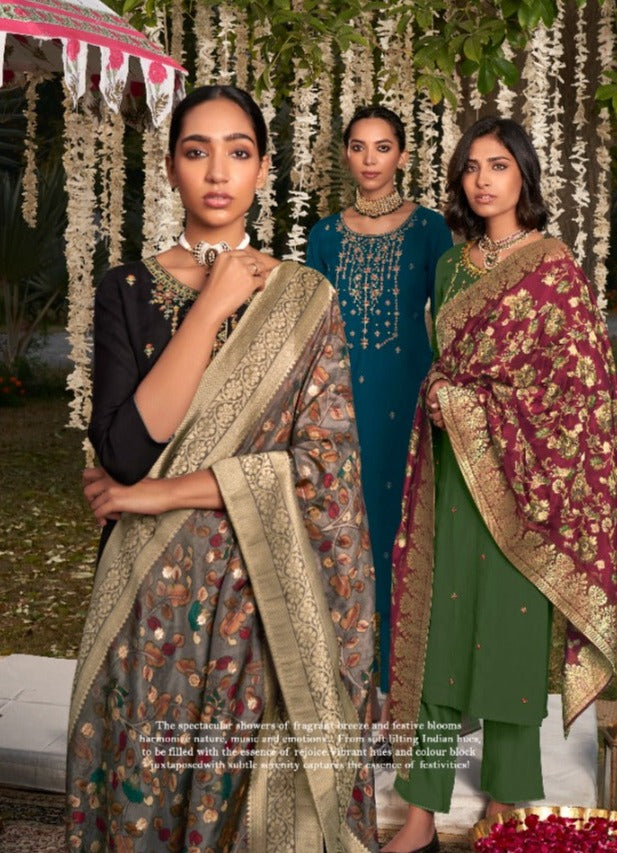 Four Buttons Kalamkari Viscose Silk Designer Heavy Party Wear Kurtis With Dupatta & Bottom