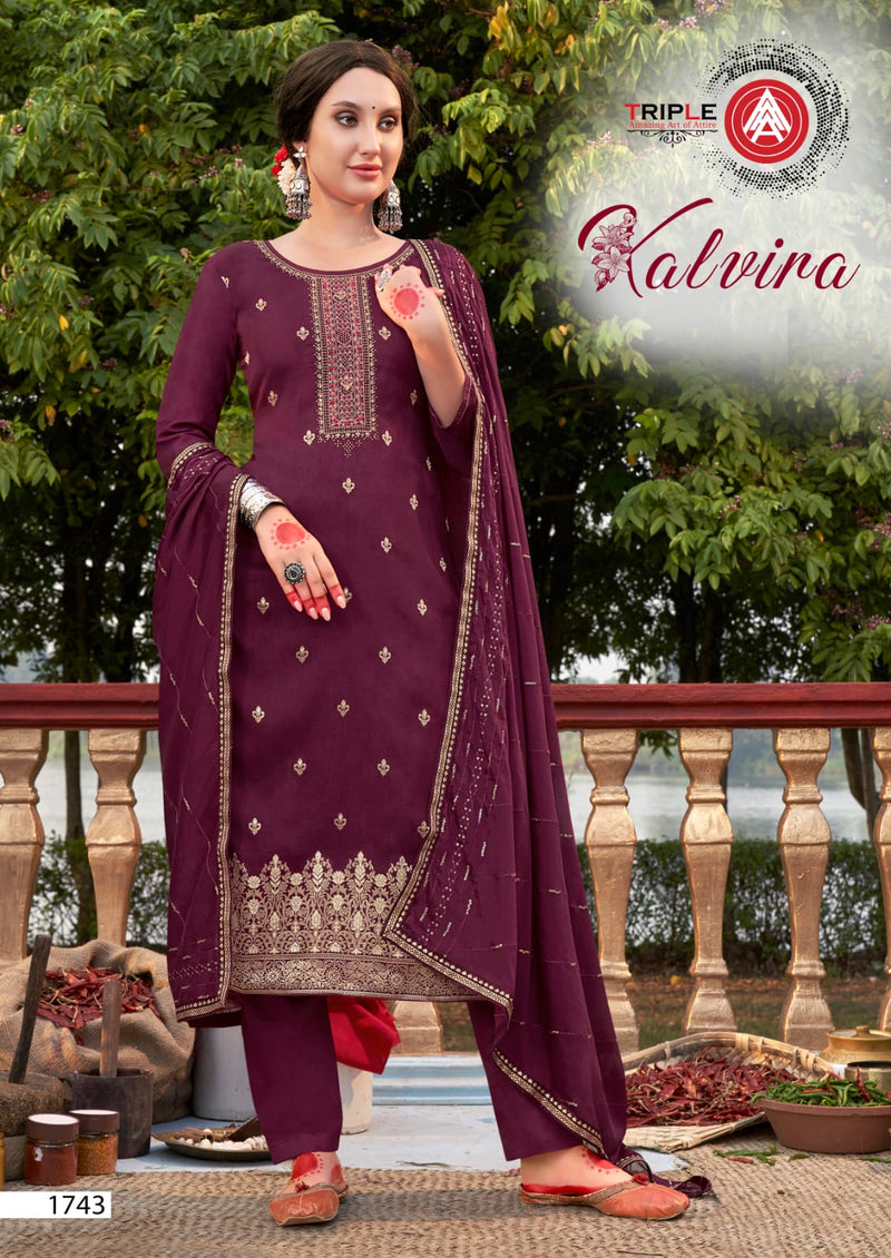 Triple Kalvira Jacquard With Heavy Beautiful Work Stylish Designer Festive Wear Salwar Kameez