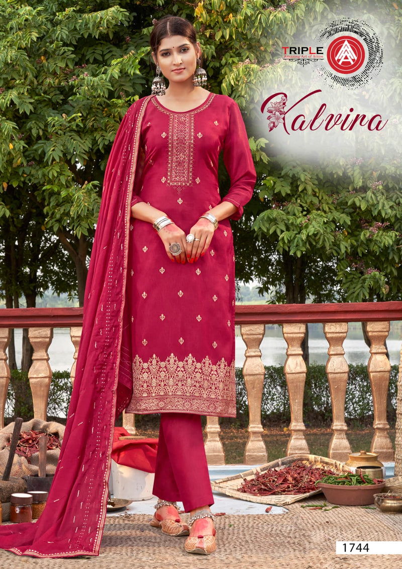 Triple Kalvira Jacquard With Heavy Beautiful Work Stylish Designer Festive Wear Salwar Kameez