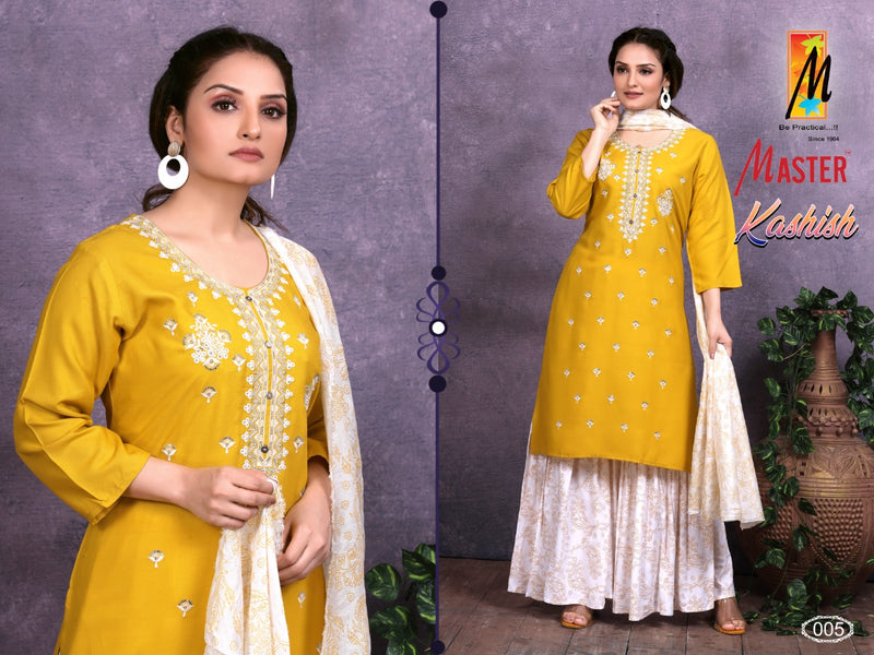 Master Kashish Rayon Printed Designer Festive Wear Kurtis With Sharara Bottom & Dupatta