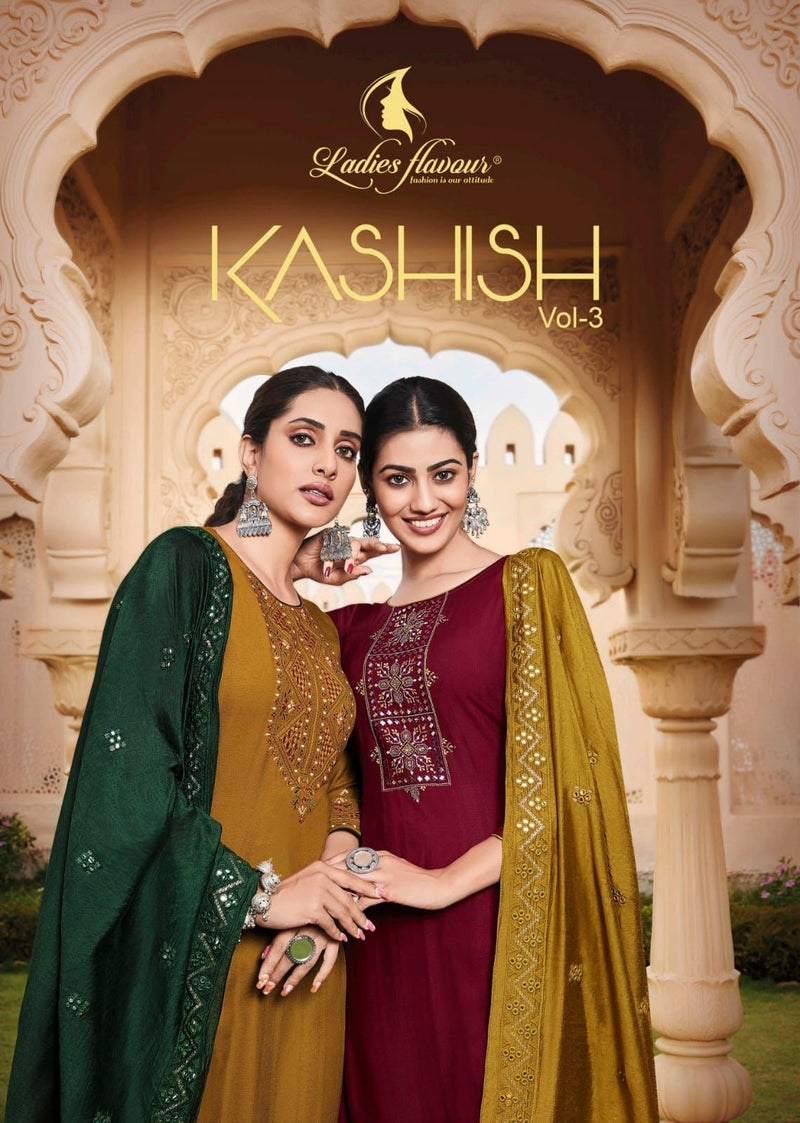 Ladies Flavour Kashish Vol 3 Rayon Embroidered Designer Party Wear Kurtis With Bottom & Dupatta