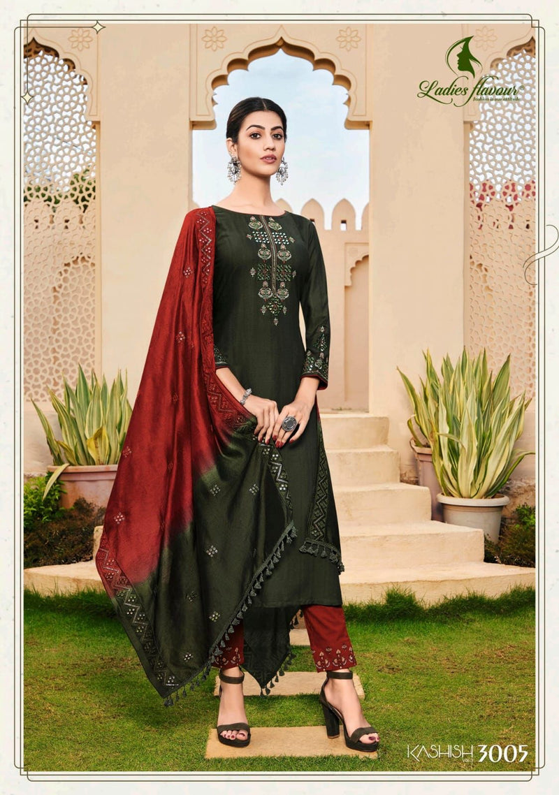 Ladies Flavour Kashish Vol 3 Rayon Embroidered Designer Party Wear Kurtis With Bottom & Dupatta