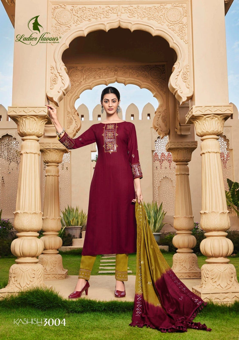 Ladies Flavour Kashish Vol 3 Rayon Embroidered Designer Party Wear Kurtis With Bottom & Dupatta