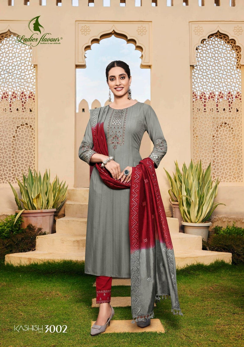 Ladies Flavour Kashish Vol 3 Rayon Embroidered Designer Party Wear Kurtis With Bottom & Dupatta