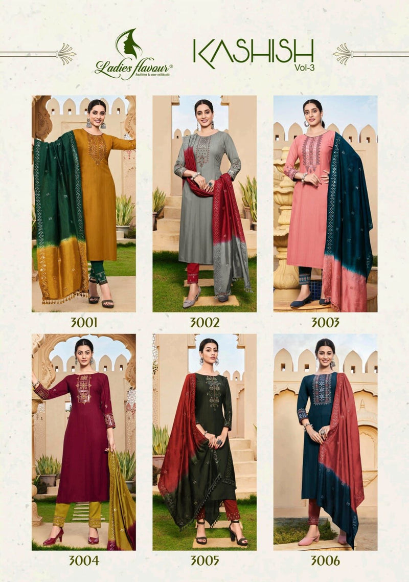 Ladies Flavour Kashish Vol 3 Rayon Embroidered Designer Party Wear Kurtis With Bottom & Dupatta