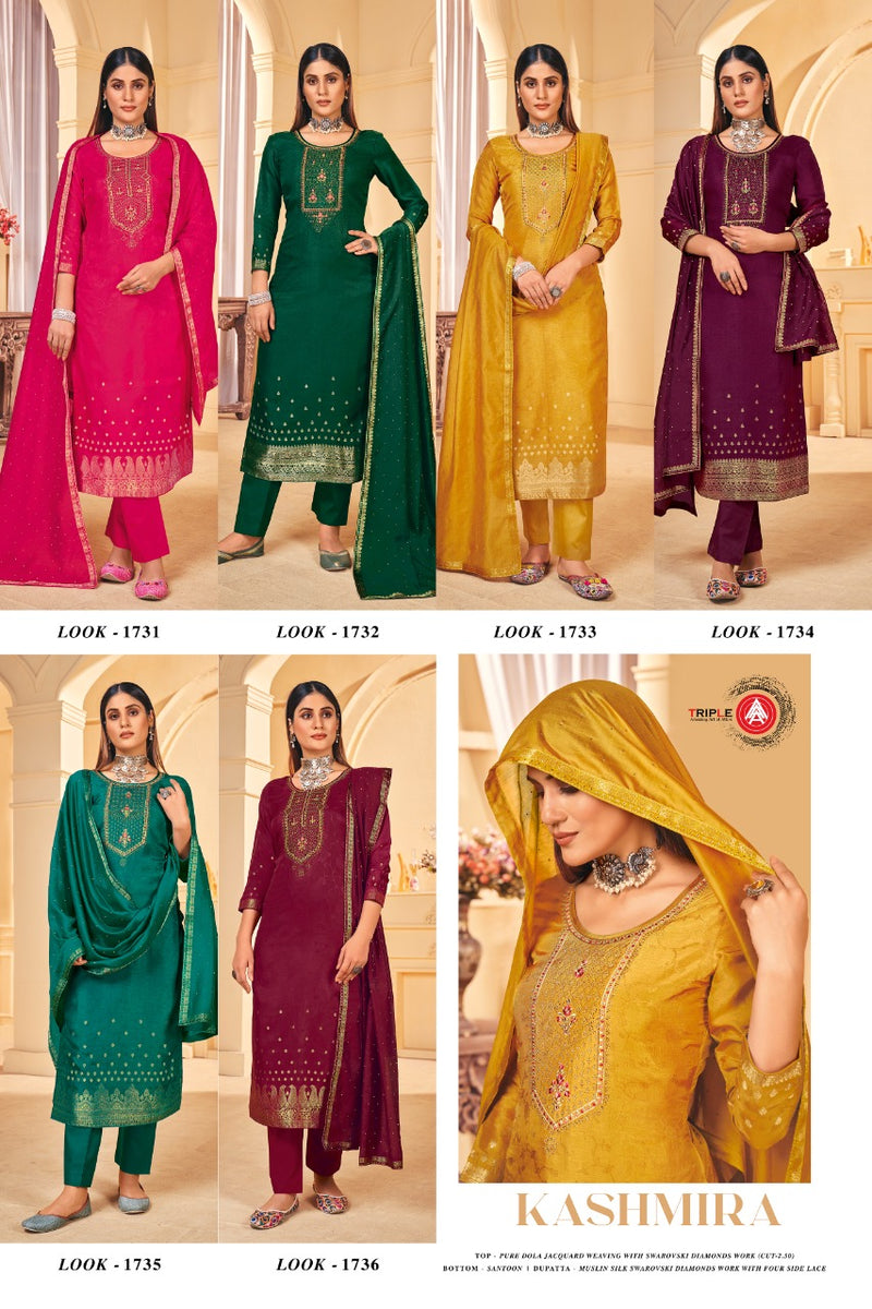 Triple Kashmira Dola Jacquard With Beautiful Work Stylish Designer Festive Wear Salwar Kameez