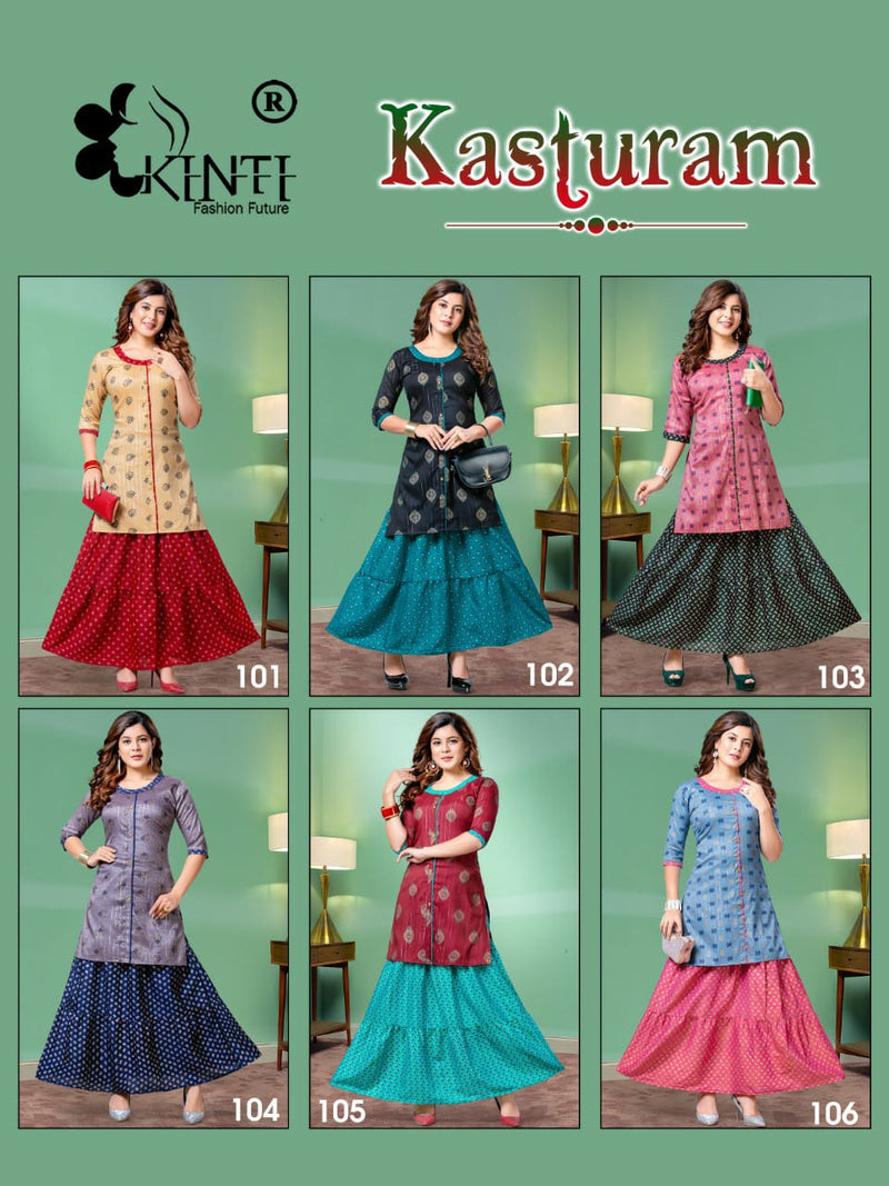 Kinti Kasturam Rayon With Fancy Prints Designer Party Wear Kurtis With Skirt