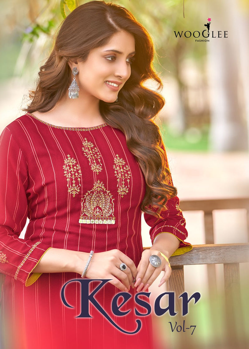 Wooglee Kesar Vol 7 Rayon Embroidered Fancy Party Wear Kurtis