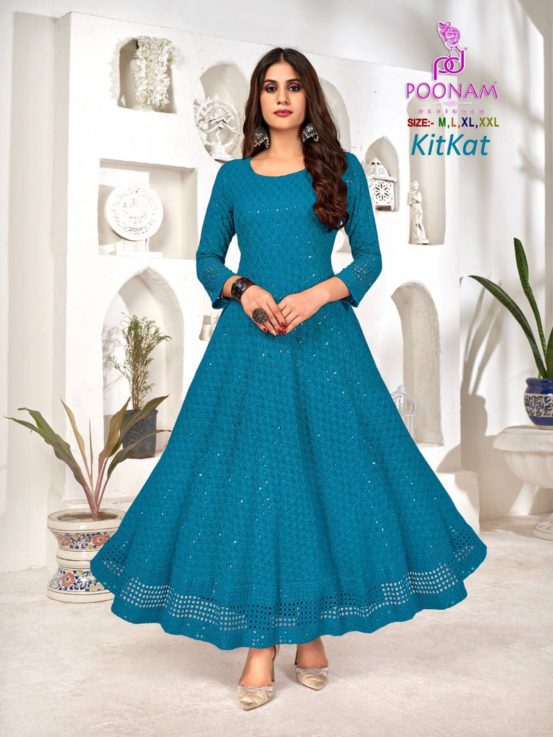 Poonam Dno Kit Kat 1001 To 1006 Rayon With Heavy Long Fancy Gown Stylish designer Kurti