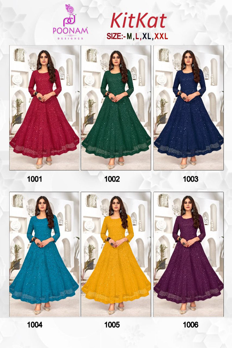 Poonam Dno Kit Kat 1001 To 1006 Rayon With Heavy Long Fancy Gown Stylish designer Kurti