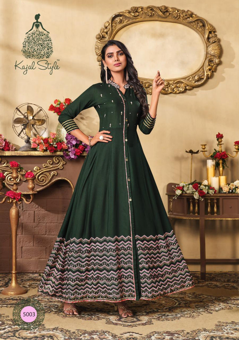 Kajal Style Fashion Colorbar Vol 5 Heavy Rayon With Embroidery Work Exclusive Long Gown Type Kurtis