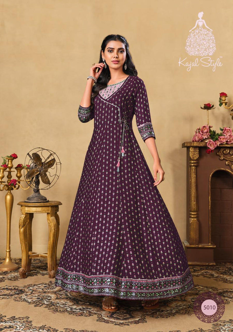 Kajal Style Fashion Colorbar Vol 5 Heavy Rayon With Embroidery Work Exclusive Long Gown Type Kurtis