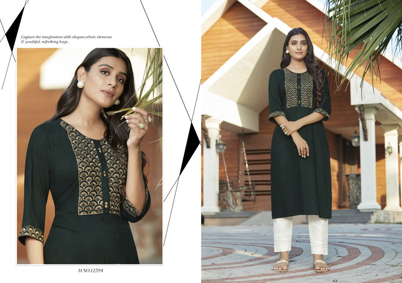 Kalaroop Kajree Fashion Harlee Rayon With Embroidery Work Exclusive Casual Wear Fancy Long Kurtis