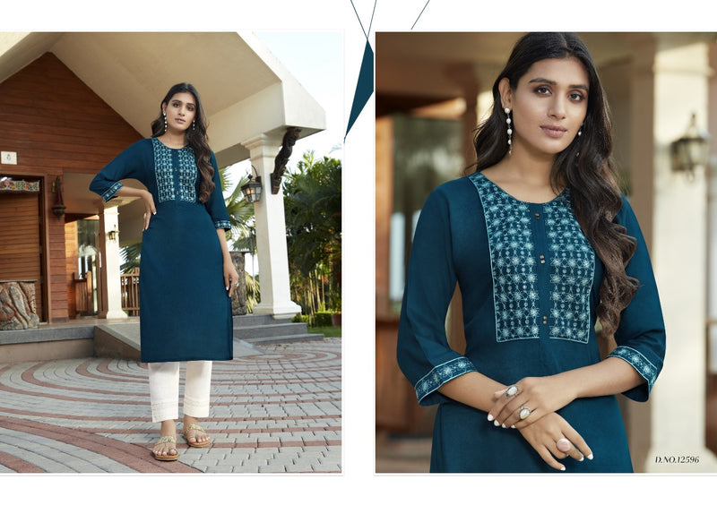 Kalaroop Kajree Fashion Harlee Rayon With Embroidery Work Exclusive Casual Wear Fancy Long Kurtis