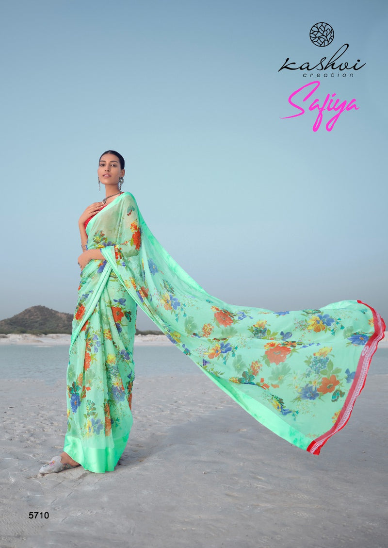 Kashvi Creation Launch By Safiya Chiffon Satin With Fancy Border Printed Heavy Look Designer Regular Wear Sarees
