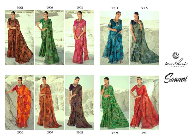 Kashvi Creation Presents By Saanvi Chiffon Brasso Exclusive Printed Regular Wear Fancy Sarees