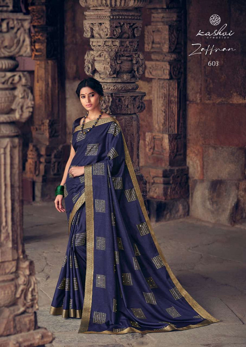 Kashvi Creation Zaffran Vichitra Silk With Gold Print Fancy Designer Sarees