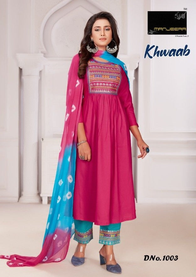 Khawaab By Manjeera Fashion Rayon Formal Wear Exlcusive Embroidery Work Ready Made Kurti With Bottom