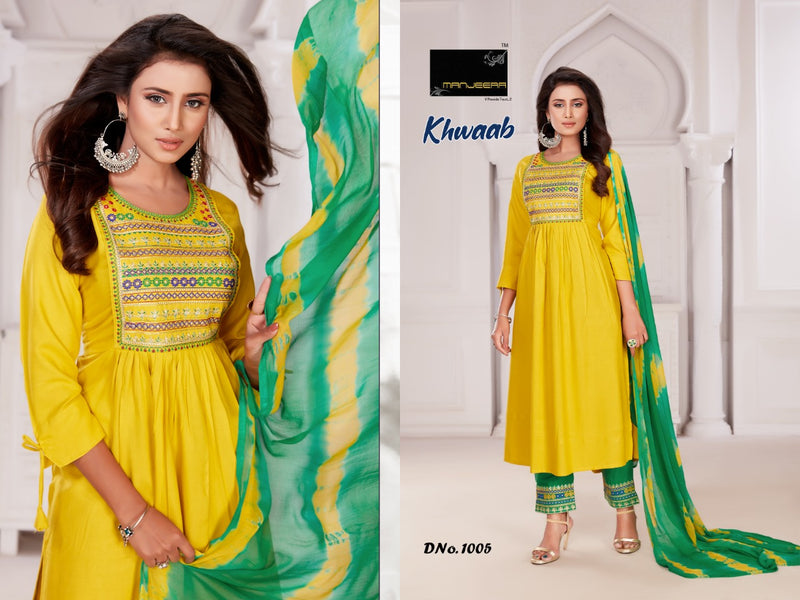 Khawaab By Manjeera Fashion Rayon Formal Wear Exlcusive Embroidery Work Ready Made Kurti With Bottom