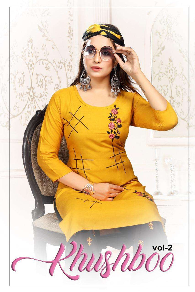 Khushboo Vol 2 By Fashion Talks Rayon Printed Fancy Embroidery Work Casual Wear Long Suits