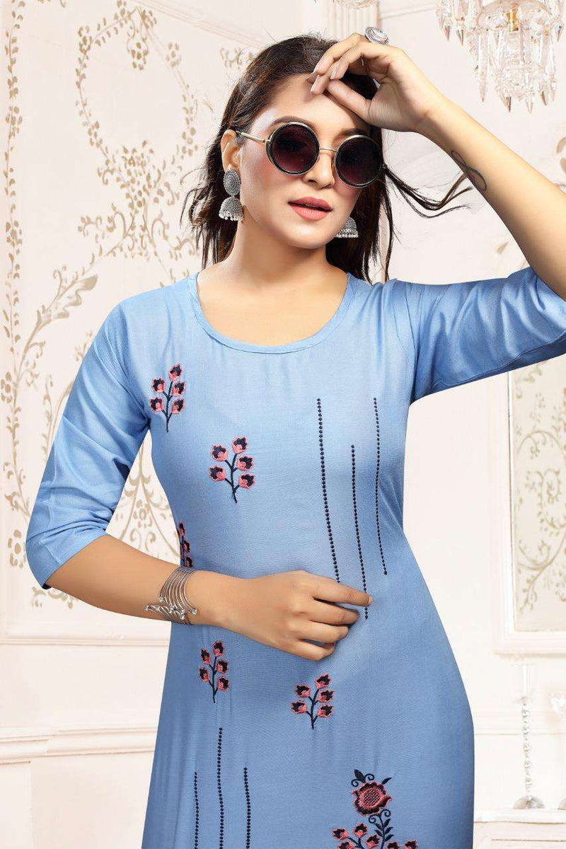 Khushboo Vol 2 By Fashion Talks Rayon Printed Fancy Embroidery Work Casual Wear Long Suits