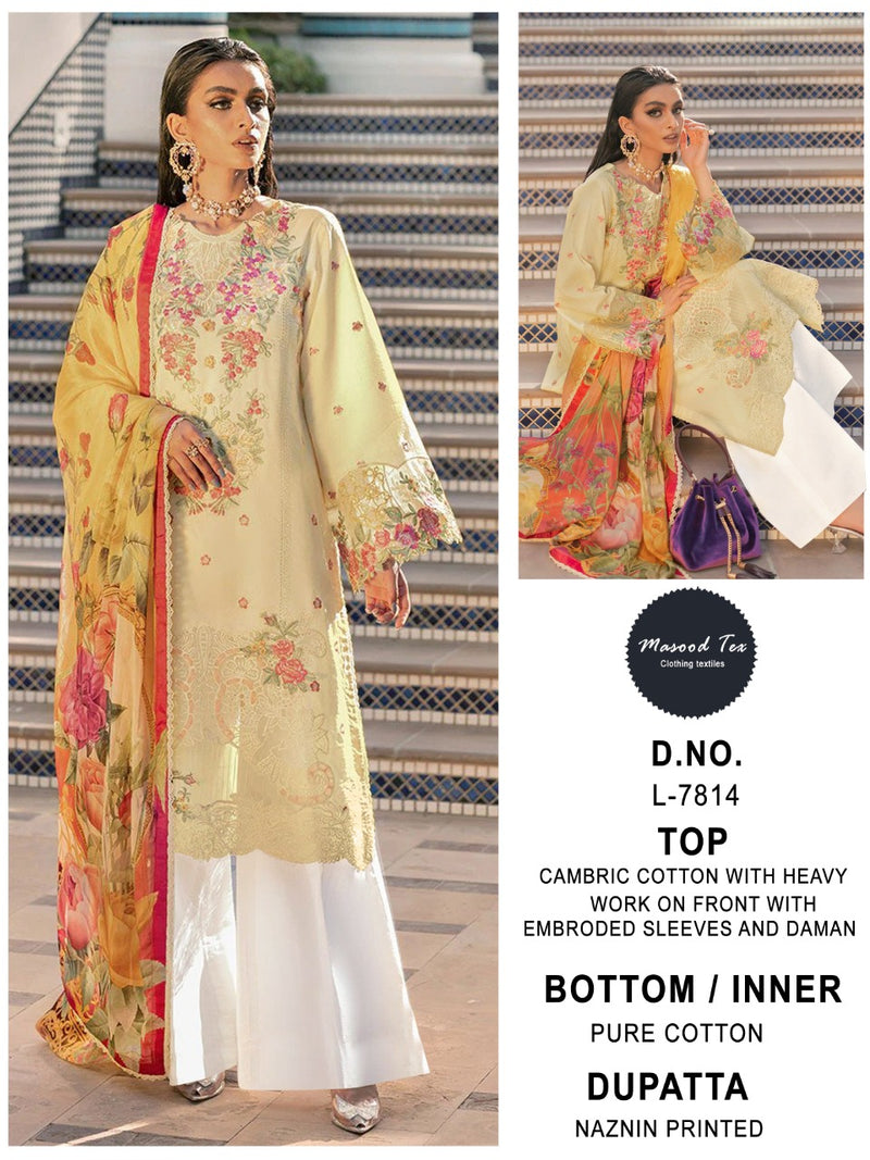 Masood Tex L 7814 Cambric Cotton Pakistani Style Embroidered Festive Wear Salwar Suits