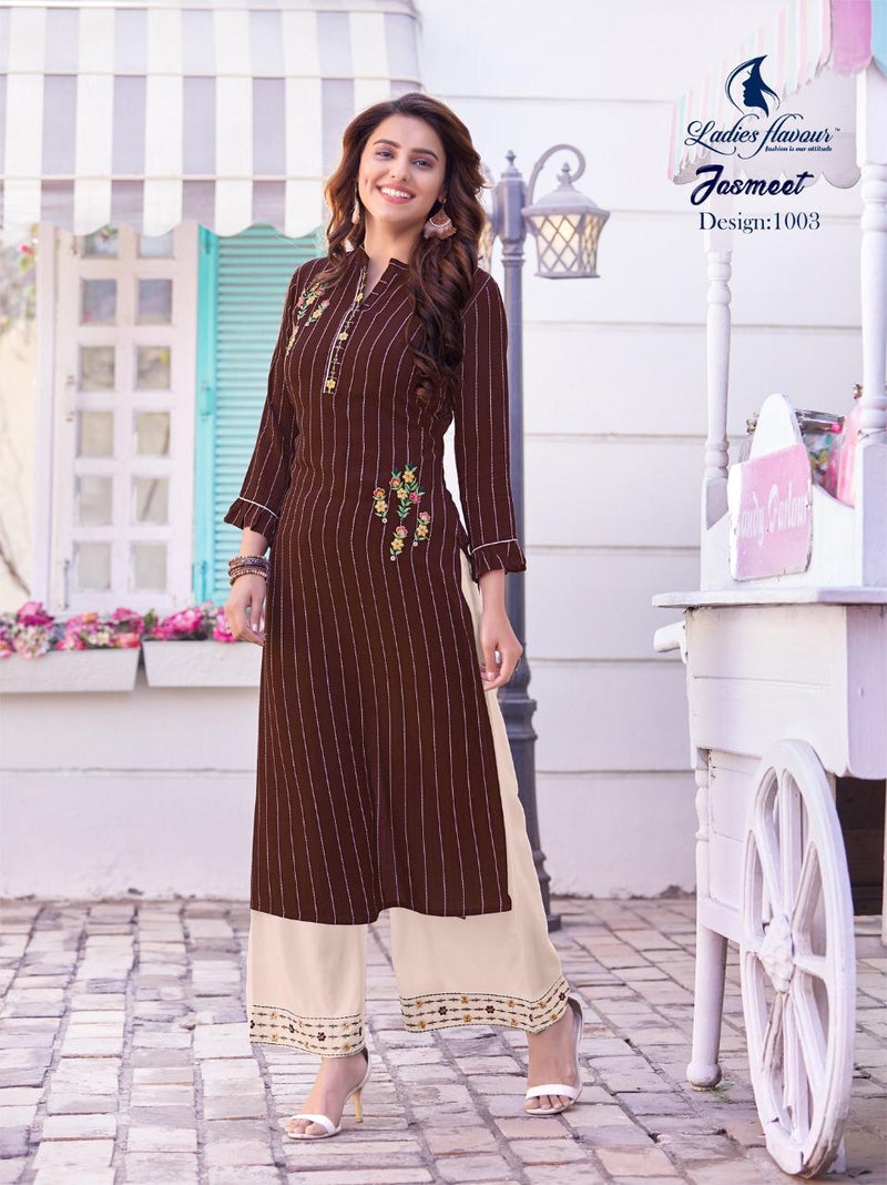 Ladies Flavour Jasmeet Strip With Embroidery Work Kurti With Plazzo In Rayon