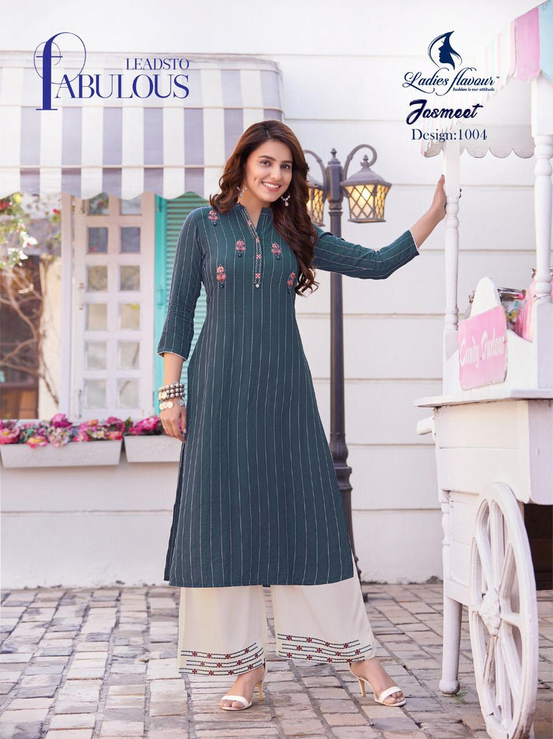 Ladies Flavour Jasmeet Strip With Embroidery Work Kurti With Plazzo In Rayon