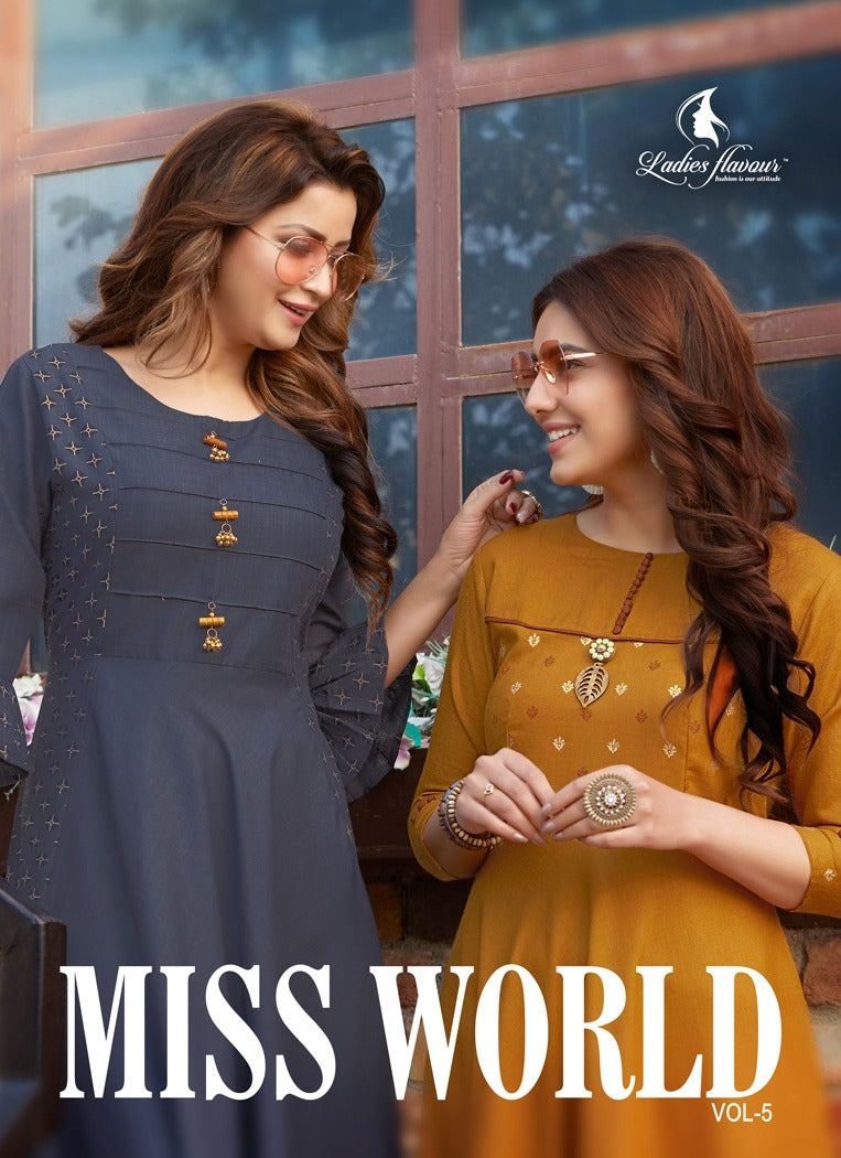 Ladies Flavour Miss World Vol 5 Fabric With Fancy Long Gown Style Kurti In Maya Slub
