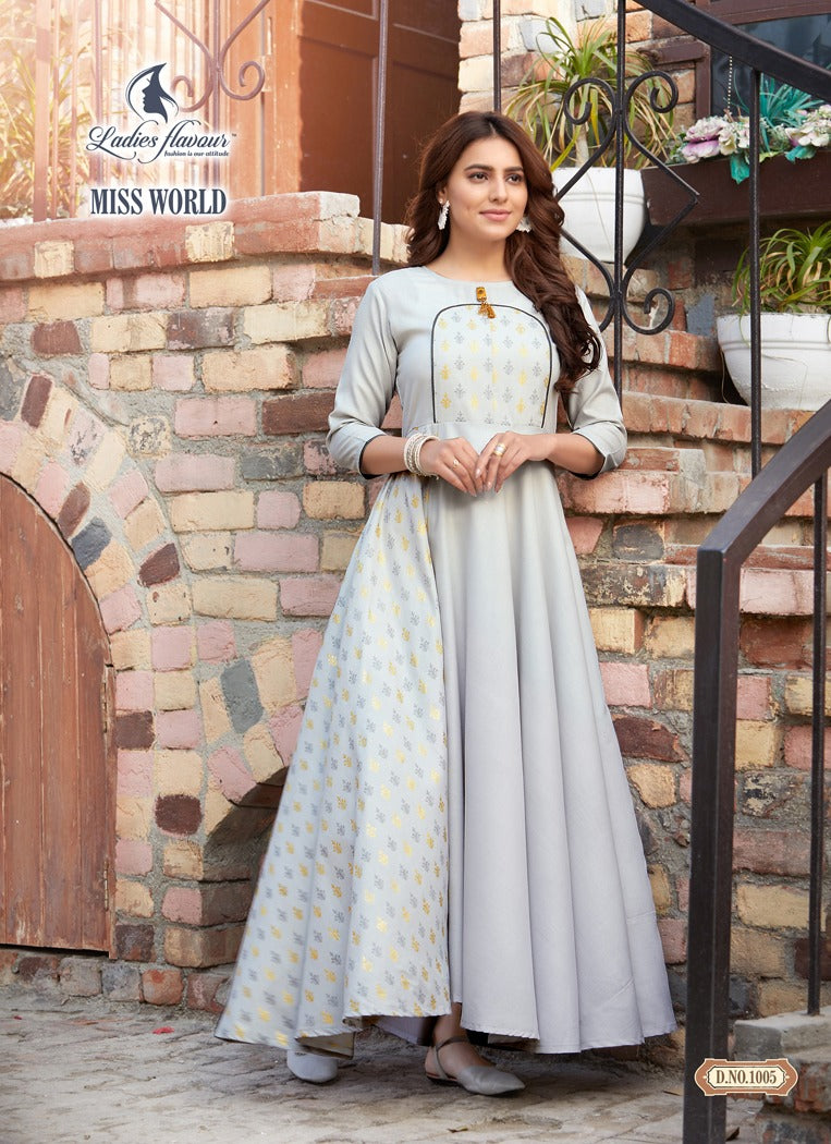 Ladies Flavour Miss World Vol 5 Fabric With Fancy Long Gown Style Kurti In Maya Slub