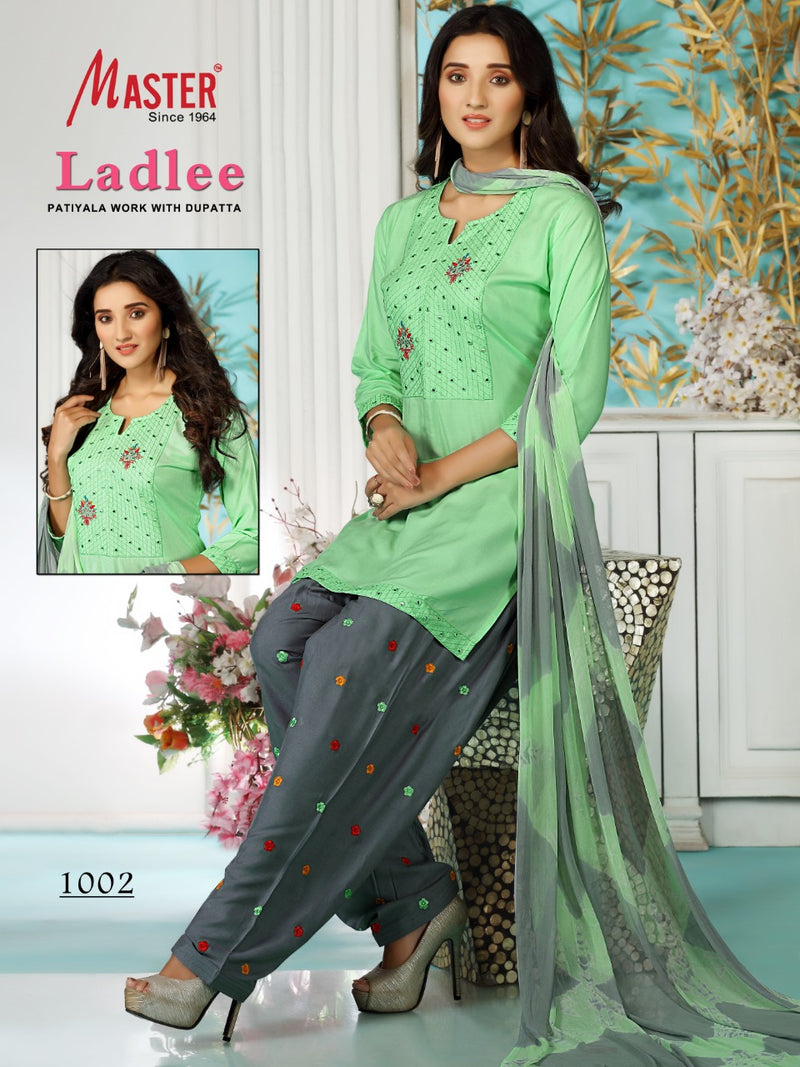 Master Ladlee Rayon Printed Party Wear Patiyala  Ready Made Salwar Kameez