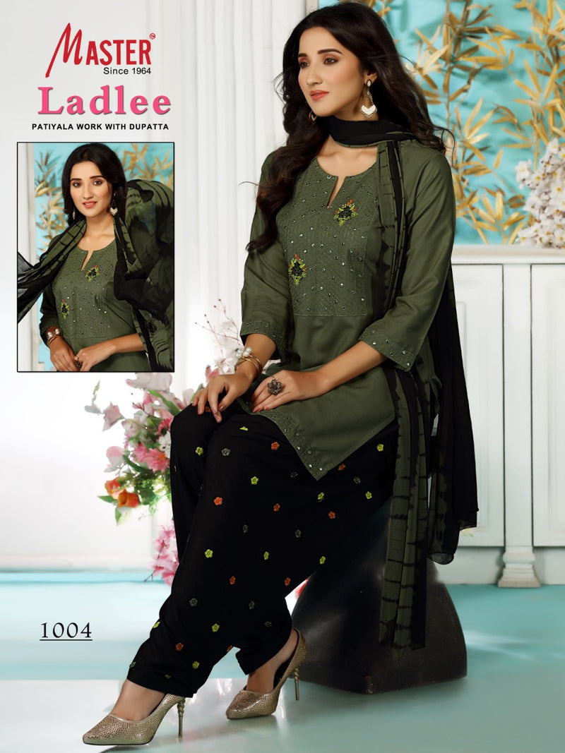 Master Ladlee Rayon Printed Party Wear Patiyala  Ready Made Salwar Kameez