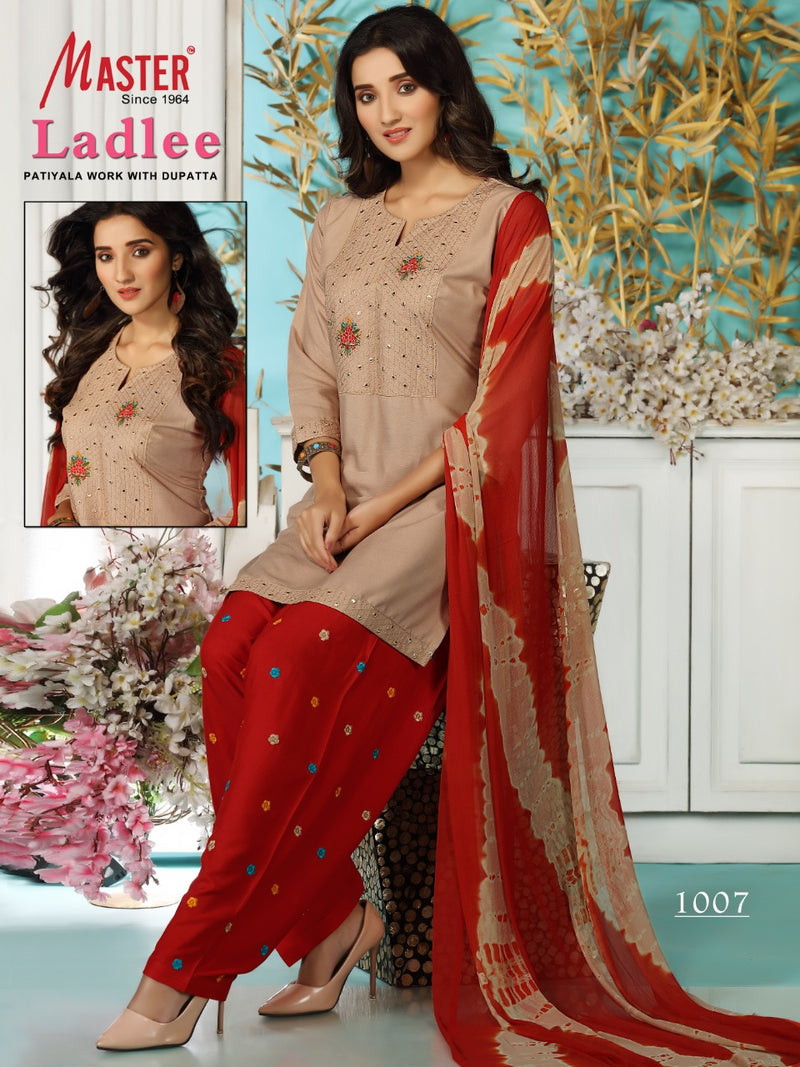 Master Ladlee Rayon Printed Party Wear Patiyala  Ready Made Salwar Kameez