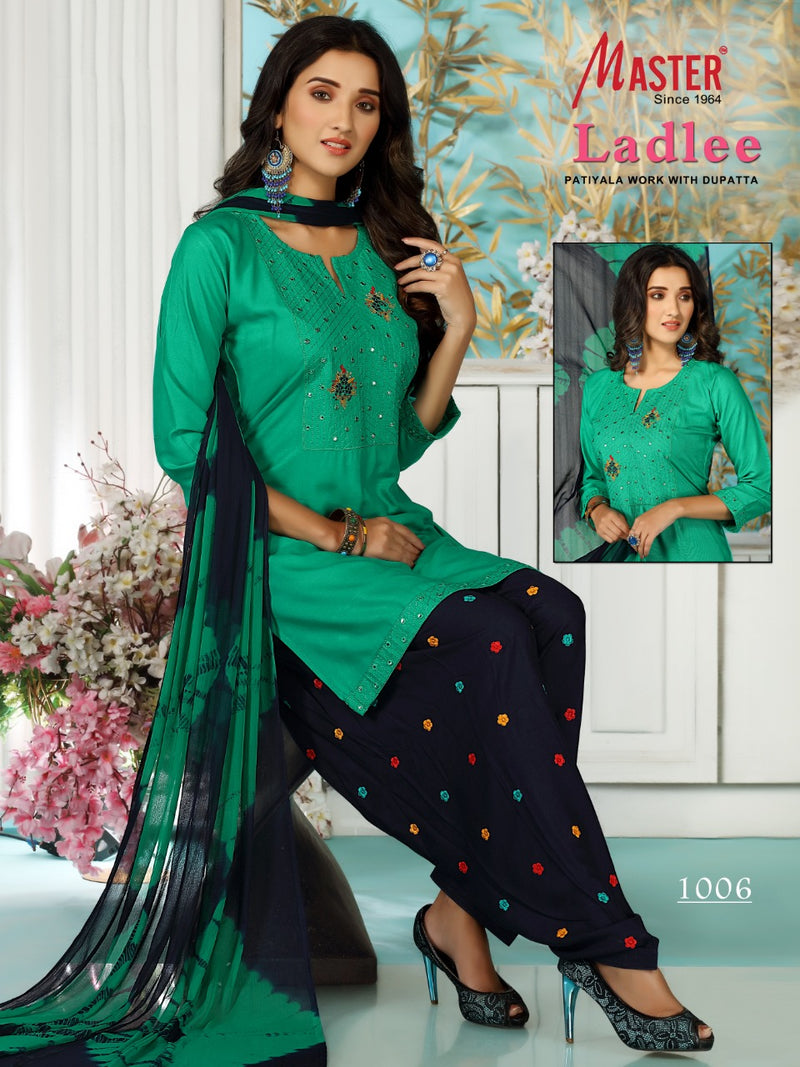 Master Ladlee Rayon Printed Party Wear Patiyala  Ready Made Salwar Kameez