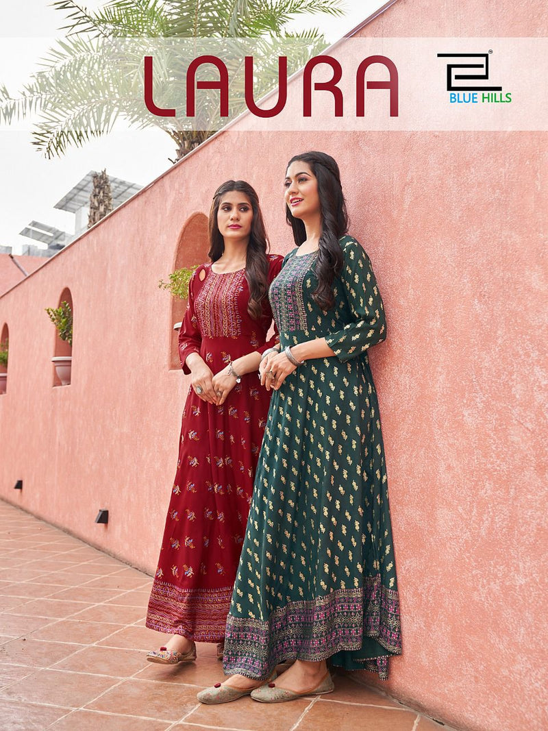 Blue Hills Dno 1001 To 1006 Rayon Stylish Designer Fancy Long Party Wear Kurti