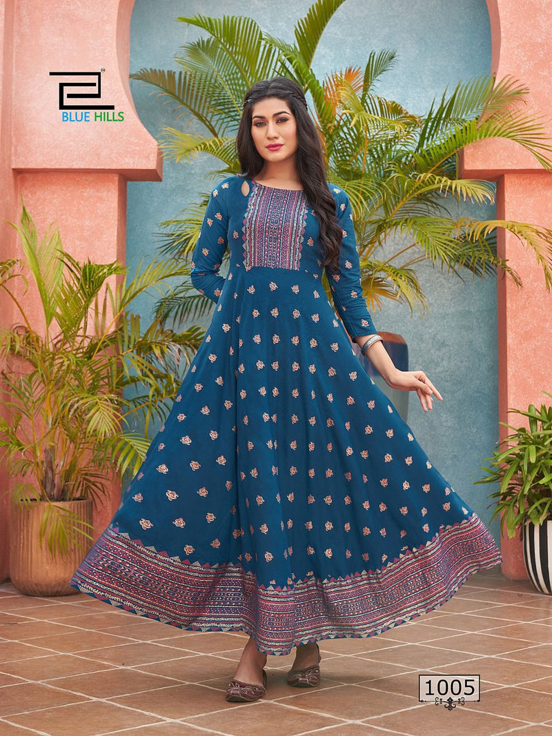 Blue Hills Dno 1001 To 1006 Rayon Stylish Designer Fancy Long Party Wear Kurti
