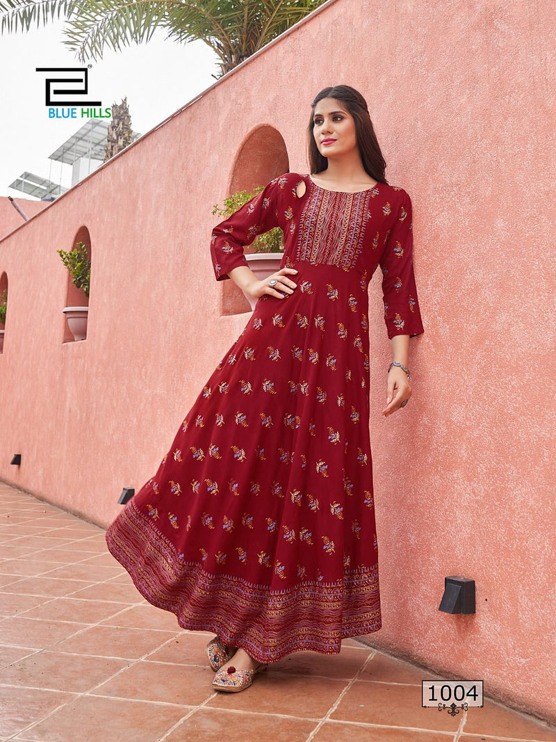 Blue Hills Dno 1001 To 1006 Rayon Stylish Designer Fancy Long Party Wear Kurti
