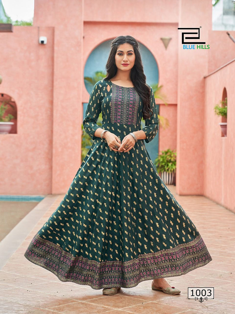 Blue Hills Dno 1001 To 1006 Rayon Stylish Designer Fancy Long Party Wear Kurti