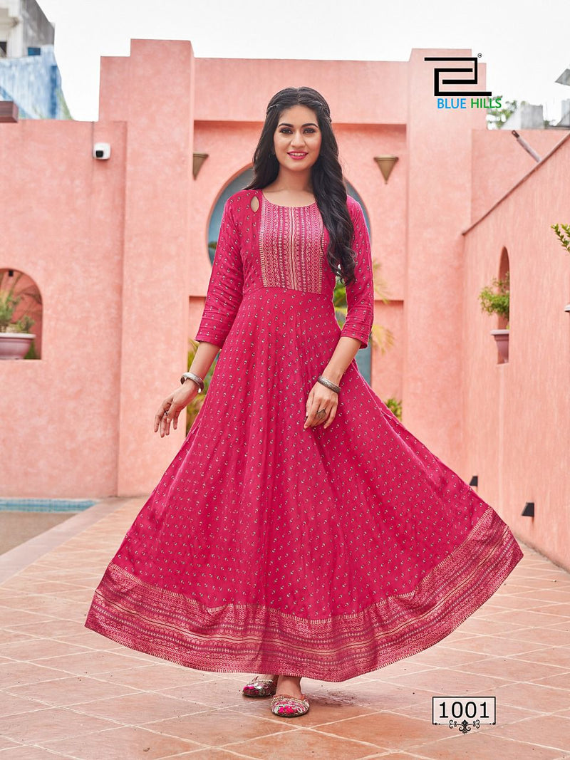 Blue Hills Dno 1001 To 1006 Rayon Stylish Designer Fancy Long Party Wear Kurti