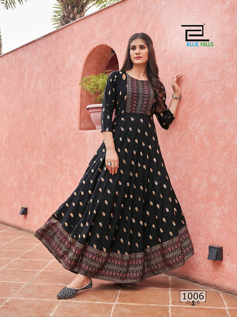 Blue Hills Dno 1001 To 1006 Rayon Stylish Designer Fancy Long Party Wear Kurti