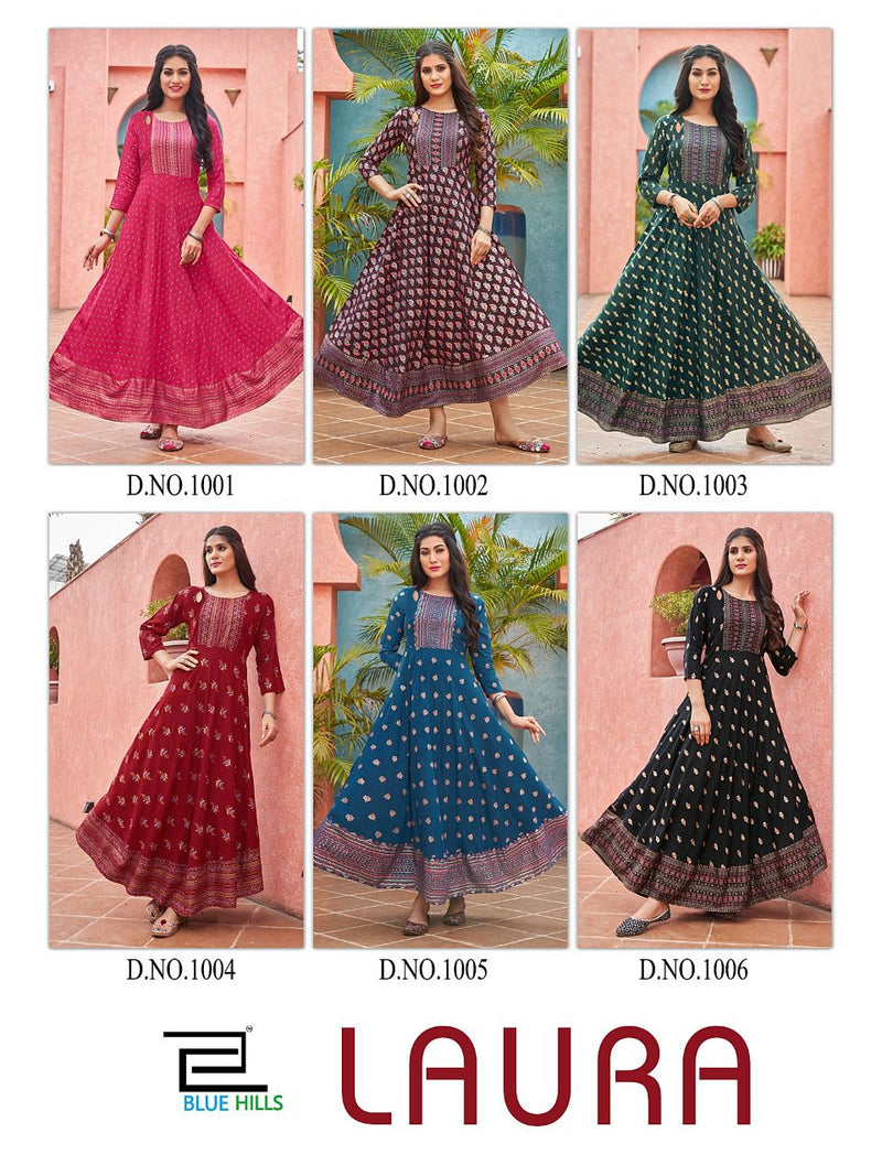 Blue Hills Dno 1001 To 1006 Rayon Stylish Designer Fancy Long Party Wear Kurti