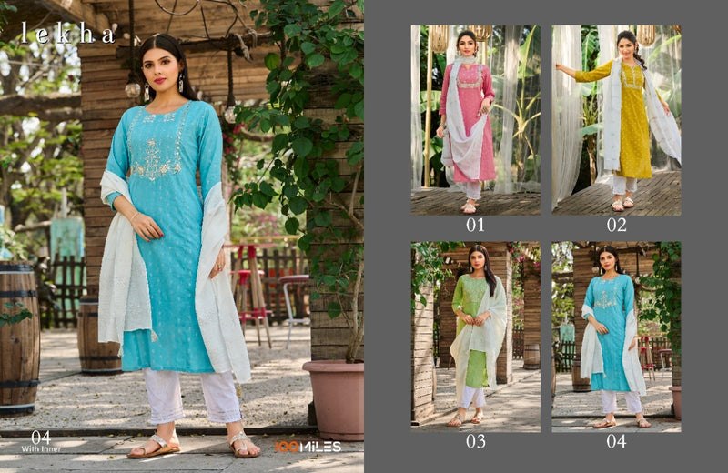 100 Miles Lekha Cotton Fancy Embroidered Party Wear Kurtis With Pant Style Bottom & Dupatta
