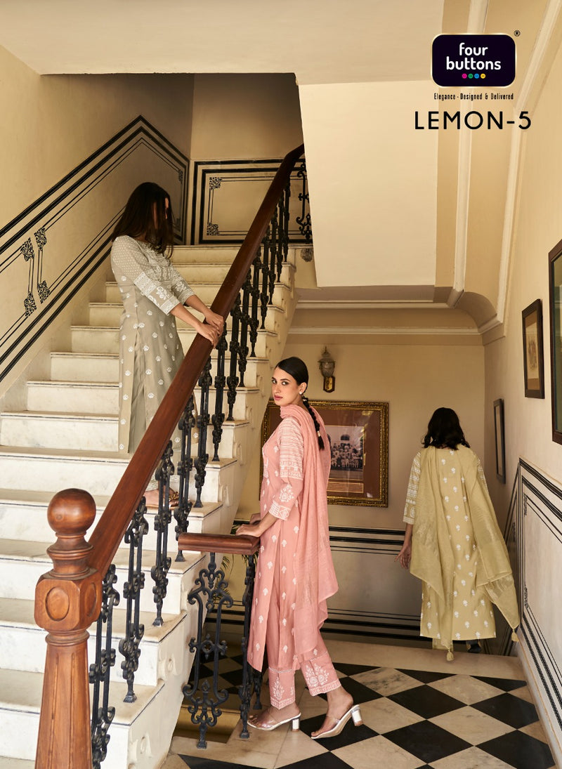 Four Buttons Lemon Vol 5 Modal Chanderi Silk Fancy Party Wear Kurtis With Bottom & Dupatta