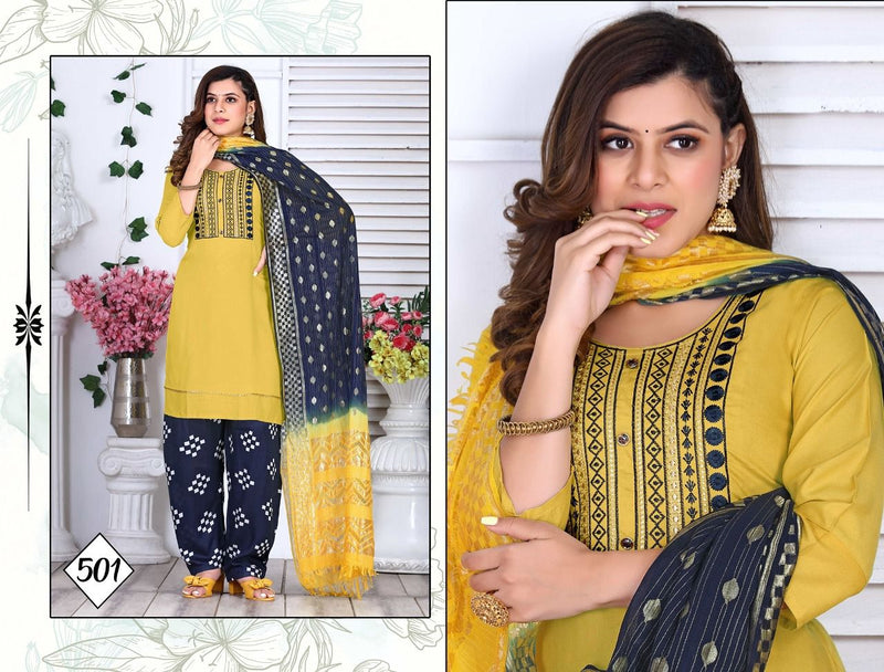Riyaa Levisa Vol 1 Rayon Printed Patiyala Style Party Wear Kurtis With Bottom & Dupatta