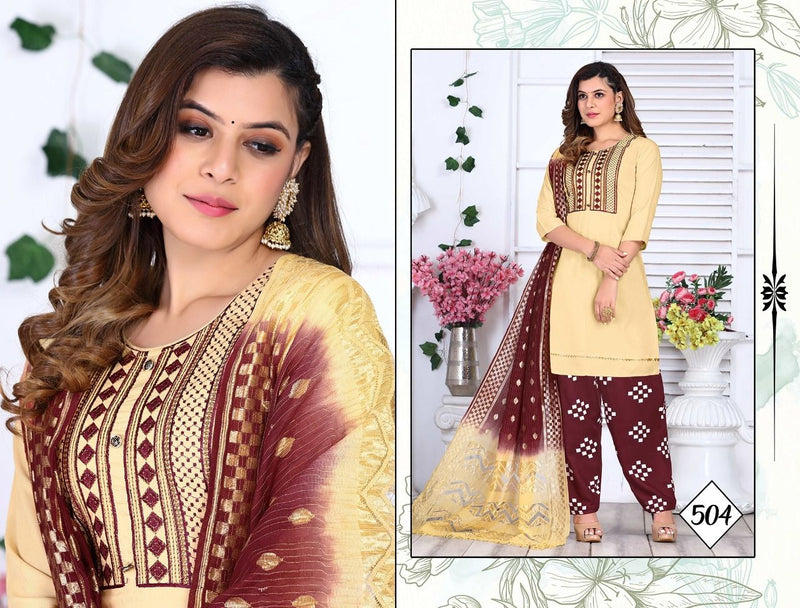 Riyaa Levisa Vol 1 Rayon Printed Patiyala Style Party Wear Kurtis With Bottom & Dupatta