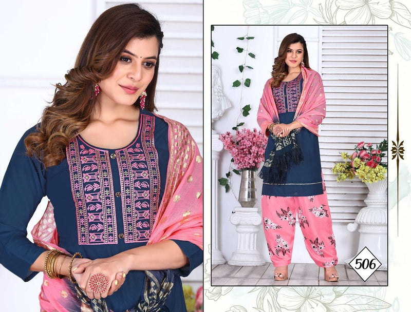 Riyaa Levisa Vol 1 Rayon Printed Patiyala Style Party Wear Kurtis With Bottom & Dupatta