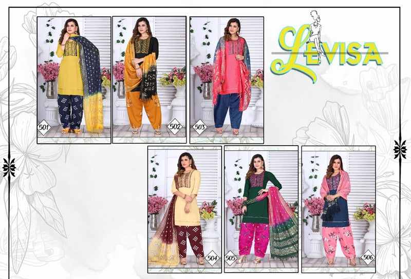 Riyaa Levisa Vol 1 Rayon Printed Patiyala Style Party Wear Kurtis With Bottom & Dupatta