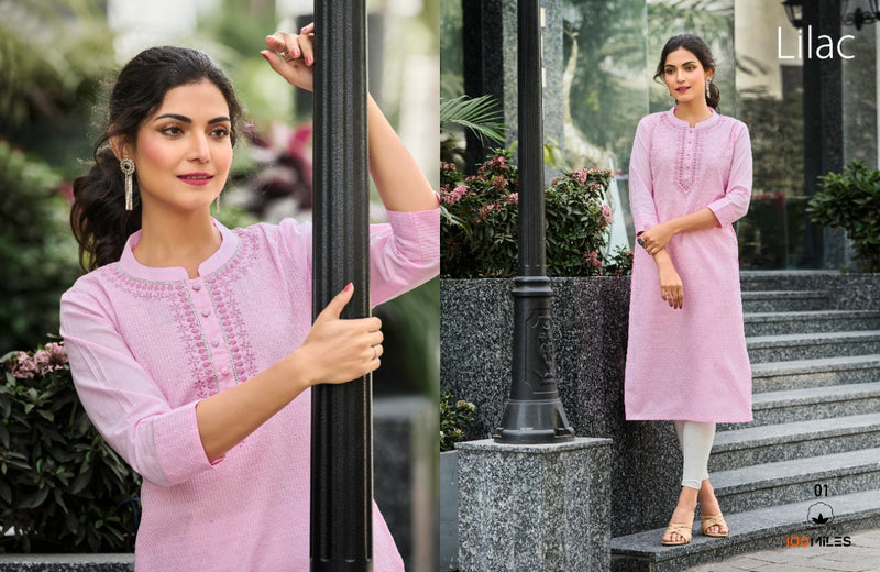 100 Miles Lilac Cotton Schifli Embroidered Fancy Casual Wear Kurtis