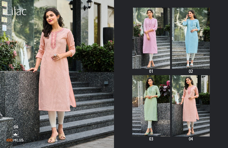 100 Miles Lilac Cotton Schifli Embroidered Fancy Casual Wear Kurtis