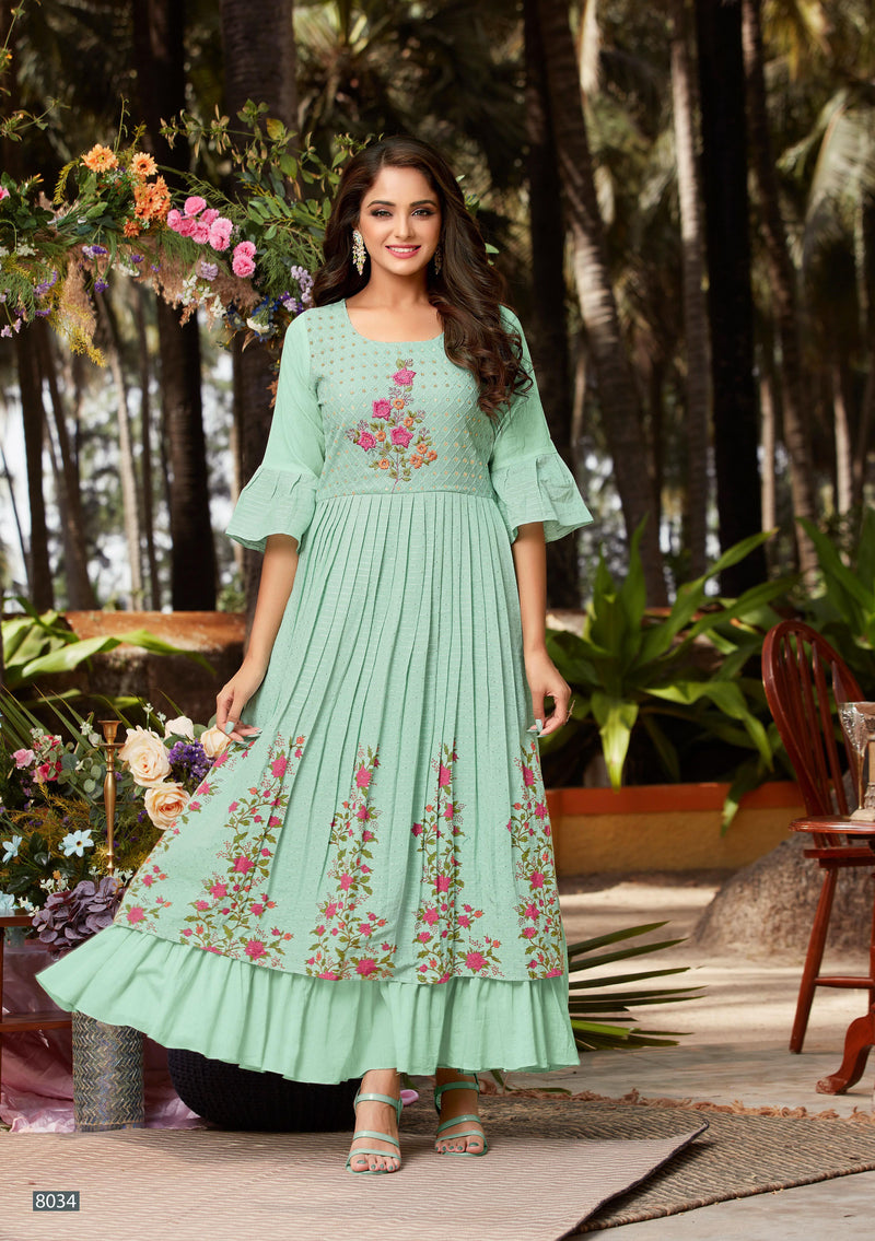 Anju Fabrics Lime Light Mal Cotton Fancy Stylish Long Gown Type Party Wear Kurtis